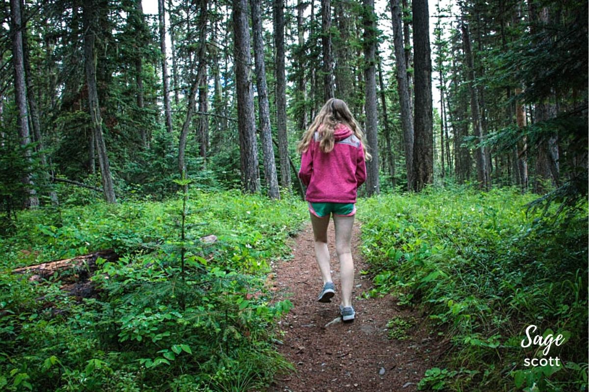 Girl in a pink sweatshirt hiking on a forested mountain trail