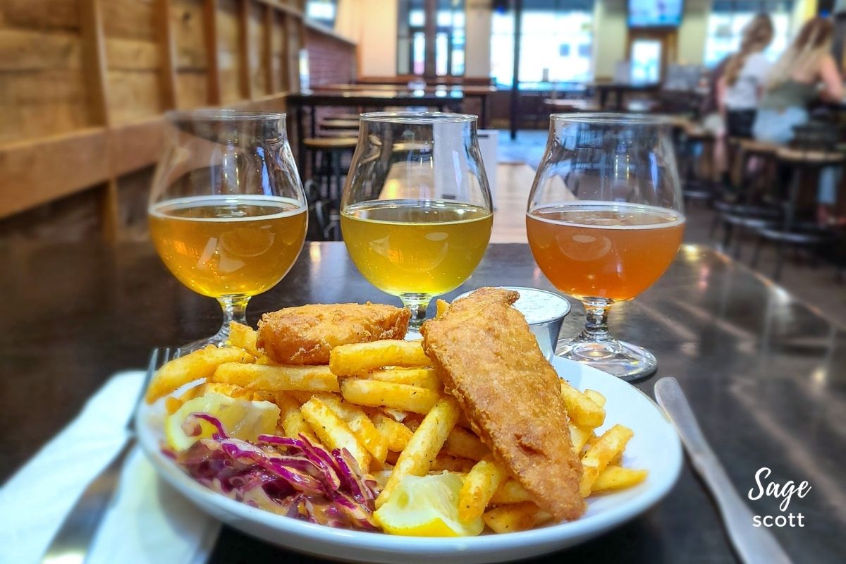 A flight of craft beer and a platter of fish and chips at Uberbrew in Billings, MT